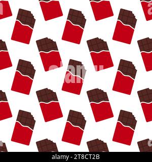 Nahtloses Muster mit roten Schokoladentafeln. Gebissene Schokoladenriegel. Zeichentrickstil. Vektor-Hintergrund flach. Stock Vektor