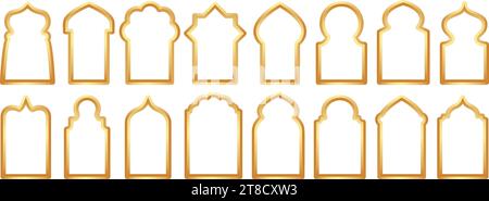 Goldene Rahmenformen des Ramadan. Vektortür und Fensterbogen mit islamischem Design. Muslimisches orientalisches Tor. Indische Vintage-Bögen mit traditionellem Ornament Stock Vektor