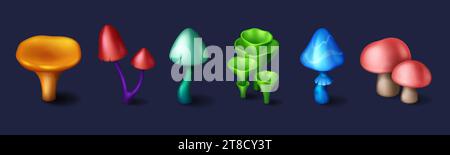 Fantasy-Pilze, isoliert auf dem Hintergrund. Vektor-Karikaturillustration von Zauberpilzen in Neonblau, Grün, Gelb, Rot, Türkis Farben, Design-Elemente des Märchenwaldes für die Benutzeroberfläche des Spiels Stock Vektor