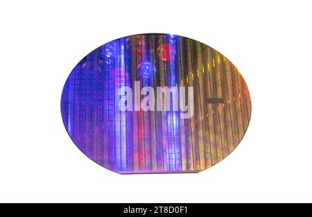 Halbleiter-Wafer-Scheibe aus weiß isoliertem Silizium Stockfoto