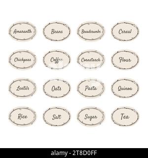 Lebensmittel-Vektor-Label-Set für Impulse und Leguminosen oder Getreide. Etiketten für Getreide, Bohnen, Mehl und Kaffeebecher. Stock Vektor