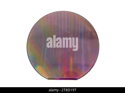 Halbleiter-Wafer-Scheibe aus weiß isoliertem Silizium Stockfoto