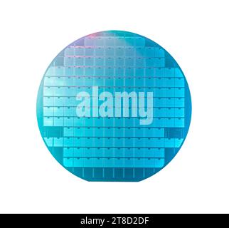 Halbleiter-Wafer-Scheibe aus weiß isoliertem Silizium Stockfoto