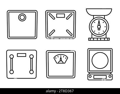 Analoge und digitale Skala mit Symbolen. Mechanische Waage. Vektorabbildung. Konturobjekt isoliert auf weißem Hintergrund. Symbol für Web. Stock Vektor