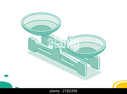Waage mit Doppelpfannen. Isometrische Laborwaagen. Vektorabbildung. Waage mit Schalen. 3D-Objekt isoliert auf weiß. Stock Vektor