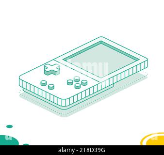 Isometrische tragbare Retro-Spielkonsole mit Tasten. Konzept skizzieren. Vektorabbildung. Objekt auf weißem Hintergrund isoliert. Stock Vektor