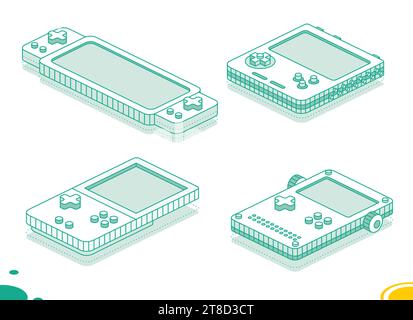 Isometrische tragbare Retro-Spielkonsole mit Tasten. Sammlung von Elementen. Konzept skizzieren. Vektorabbildung. Objekt isoliert. Stock Vektor