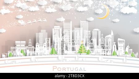 Portugal. Winter City Skyline im Papierschnitt mit Schneeflocken, Mond- und Neongirlanden. Weihnachts- und Neujahrskonzept. Weihnachtsmann auf Schlitten. Stock Vektor