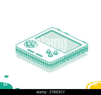 Isometrische tragbare Retro-Spielkonsole mit Tasten. Konzept skizzieren. Vektorabbildung. Objekt auf weißem Hintergrund isoliert. Stock Vektor