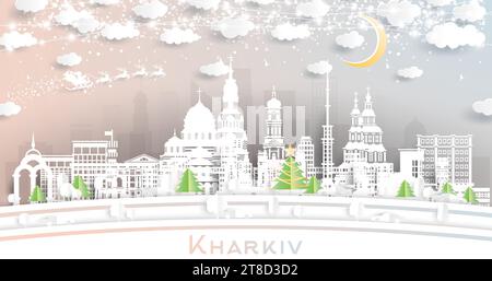 Charkiv Ukraine. Winter City Skyline im Papierschnitt mit Schneeflocken, Mond- und Neongirlanden. Weihnachts- und Neujahrskonzept. Weihnachtsmann auf Schlitten. Stock Vektor