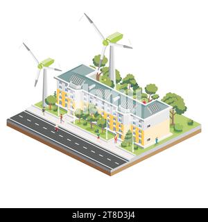 Isometrisches fünfstöckiges Wohngebäude mit Solarpaneelen und Windturbinen. Green Eco Friendly House. Infografik-Element. Vektorabbildung. Stock Vektor