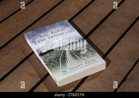 Nahaufnahme von M. Scott Peck's The Road Less Traveled Buch auf einem Holztisch. Stockfoto