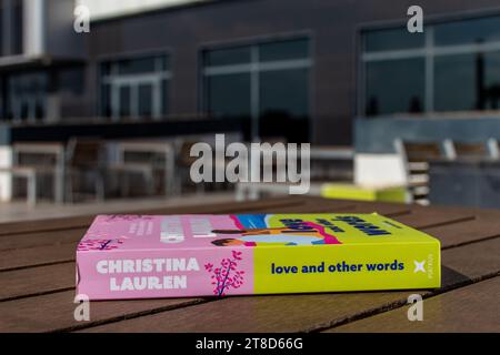 Nahaufnahme von Christina Laurens Buch über Liebe und andere Worte auf einem Holztisch. Stockfoto