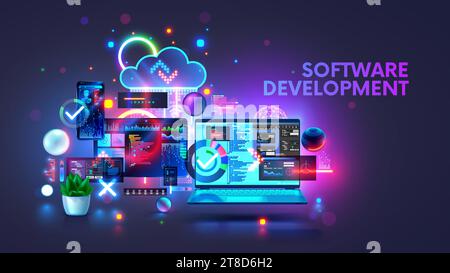 Prozesskonzept für die Softwareentwicklung. Programmierung, plattformübergreifender Code, App auf Laptop, Tablet, Telefon. Codierung, Software-Desktop bearbeiten, Stock Vektor
