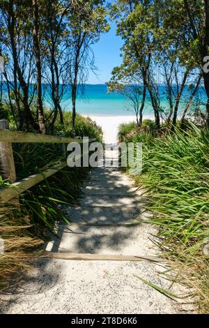 Von Bäumen und Sträuchern eingerahmte Holztreppen führen hinunter zu einem weißen Sandstrand in Shoalhaven - Callala Beach, Jervis Bay National Park; NSW, Australien Stockfoto