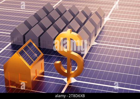 Das US-Dollar-Währungssymbol befindet sich auf der Oberfläche des Solarmoduls. Goldenes Hausmodell mit Sonnenkollektoren auf dem Dach. Stockfoto