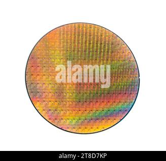 Silizium-Wafer mit isolierten Chips auf weißem Hintergrund Stockfoto
