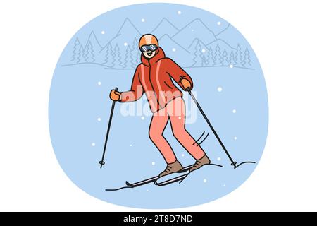 Lächelnde Frau in Oberbekleidung beim Skifahren in den Bergen während der Winterferien. Glückliche Skifahrerin mit Helm und Schutzbrille genießen einen aktiven Urlaub im Freien. Vektordarstellung. Stock Vektor