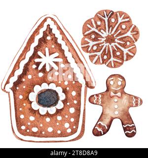 Aquarell Weihnachten Set mit Keksen in Form eines Hauses, eines Mannes, eines Schneemanns und eines Weihnachtsbaumes. Handgefertigte Zeichnung Stockfoto