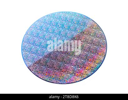 Bunte Siliziumwafer mit Chips isoliert auf weißem Hintergrund Stockfoto