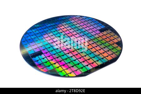 Halbleiter-Wafer-Scheibe aus weiß isoliertem Silizium Stockfoto