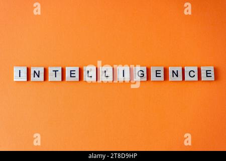 Wortwahl. Der Begriff AI ist in Holzbuchstaben von oben angeordnet. Orangefarbener flacher Lay-Hintergrund Stockfoto