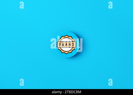 Branding- und Markenmanagement-Konzept. Markensymbol auf blauer Drucktaste. Stockfoto