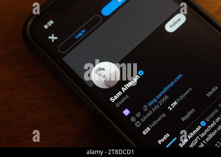 X-Konto von Sam Altman auf dem iPhone-Bildschirm. Sam Altman ist ein US-amerikanischer Unternehmer und Investor. Zuvor war er von 2019 bis 2023 CEO von OpenAI Stockfoto