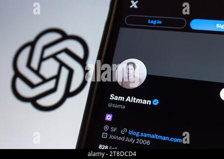 X-Konto von Sam Altman auf dem iPhone mit OpenAI-Logo. Sam Altman ist ein US-amerikanischer Unternehmer und Investor. Von 2019 bis 2023 war er CEO von OpenAI Stockfoto