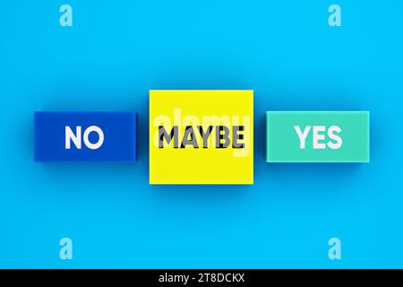 Entscheidungskonzept. Unentschlossenheit und Unsicherheit. Die Worte Ja, Nein und vielleicht auf bunten Blöcken. Stockfoto