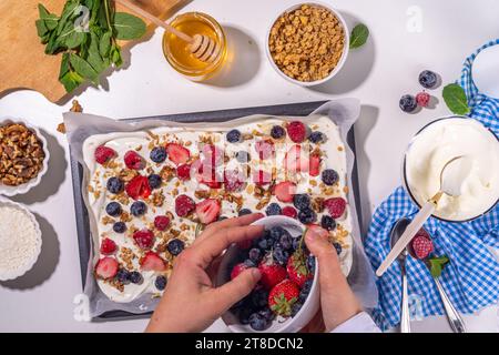 Kochen Herstellen gefrorener Joghurtrinde Hintergrund mit griechischem Joghurt, frischer Beere, Müsli, Honig, Schokoladensauce, mit Backblech Deko. Blick von oben auf die Frau Stockfoto