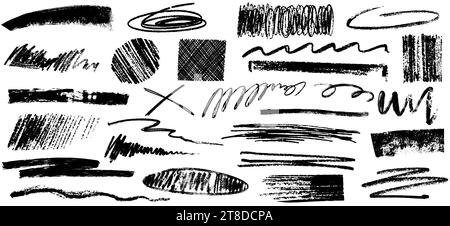 Handgezeichnete Bleistiftlinien aus Holzkohle, Squiggles und raue Pinselstriche. Kritzeln, krabbeln und Grunge strukturierte Kritzeleien mit schwarzem Pinsel. Pinsel mit grungy Graphitstiften, Streifen mit Freihandkreide. Stock Vektor