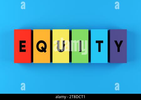 Gleichstellung und Gleichstellung. LGBTIQ-Rechte. Das Wort "Equity" auf bunten Blöcken der Regenbogenflagge. Stockfoto