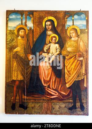 Madonna in trono Col Bambino e i Santi Crispino e Crispiniano (Madonna thront mit Kind und Heiligen Crispin und Crispiniano) von Girolamo Paladino , Öl und Tempera auf Holz, 17. Jahrhundert - Museo Diocesiano di Monreale - Palermo, Italien Stockfoto