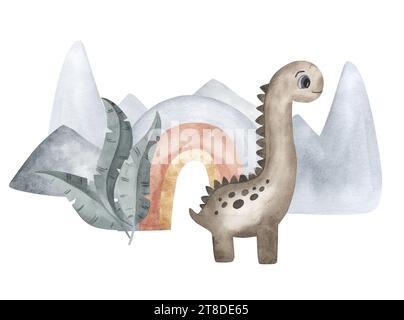 Aquarellfarben, süße Dinosaurier-Komposition. Handgemalter Dino mit Regenbogen, Bergen, Blättern für Kinderzimmer, Tapete, Babyduschkarte. Isoliert am Stockfoto