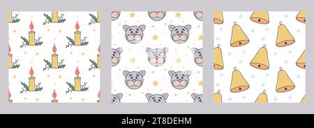 Weihnachtskerzen, Glöckchen und Katzen nahtloses Muster Set Stock Vektor