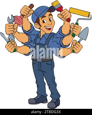 Handyman Cartoon Handyman Caretaker Multitasking Stock Vektor