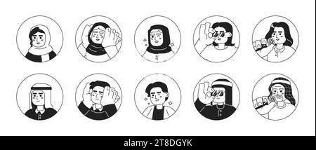 Moderne arabische Leute schwarz-weiße 2D Vektor Avatare Illustrationssatz Stock Vektor