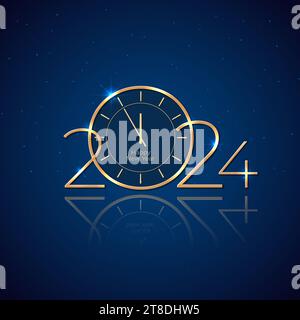 Frohes Neues Jahr 2024, 24. Weihnachtsgrußkarte. Glänzende goldene 2024 auf blauem Hintergrund. Neujahrsdesign für Einladung, Kalender, Grußkarte. Gold Stock Vektor