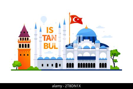 Sehenswürdigkeiten von Istanbul - Moderne farbige Vektor-Illustration mit Galata Kulesi, Moschee und nationaler roter Flagge mit Mond- und Sternzeichen. Sehenswürdigkeiten von türkischem flughafen Stock Vektor