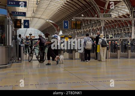 Personen, die die Fahrkartenschranken an der Paddington Station, London, betreten, August 2023 Stockfoto