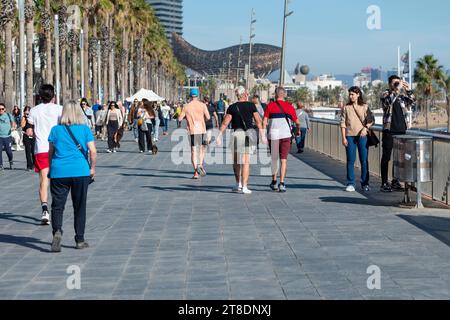 Barcelona, Spanien: 19. November 2023: People Wal k Barceloneta Beach mit Frank Gehrys Peix d'Or (Walskulptur) im Winter 2023. Stockfoto