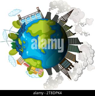 Eine Cartoon-Illustration der Erde, die einen starken Kontrast zwischen einer Seite mit grüner Schönheit und schönem Wetter und einer anderen Seite mit schlechter Verschmutzung und sm zeigt Stock Vektor