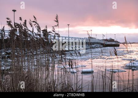 Rosafarbener Sonnenaufgang am Meer, Eisschollen im Meer Stockfoto