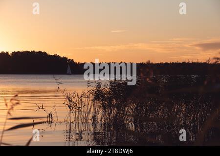 Wunderschöner gelber Sonnenuntergang über der Bucht und ein weißes Segelboot Stockfoto