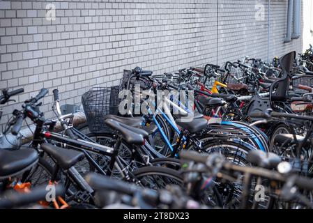 Japanische Fahrradparkplätze in der Nähe der Gebäudemauer Stockfoto