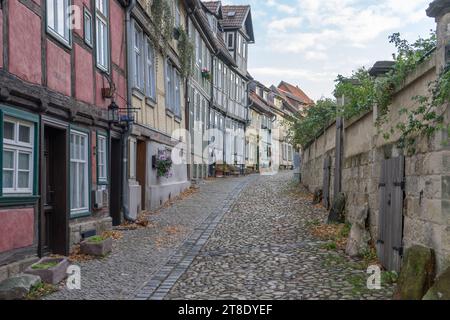 Historische Fachwerkhäuser in Quedlinburg am Schlossberg, Sachsen-Anhalt, Deutschland Stockfoto