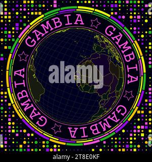 Futuristisches Gambia auf der Welt. Heller Neon-Satellitenblick auf die Welt mit Schwerpunkt auf Gambia. Stock Vektor