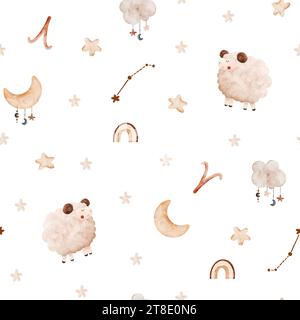 Nahtloses Aquarellmuster mit Sternzeichen Aries, Wolke, Sterne, Mond. Sammlung des Babyhoroskop. Perfekt für Poster, Postkarten, Textilien, Verpackungen Stockfoto