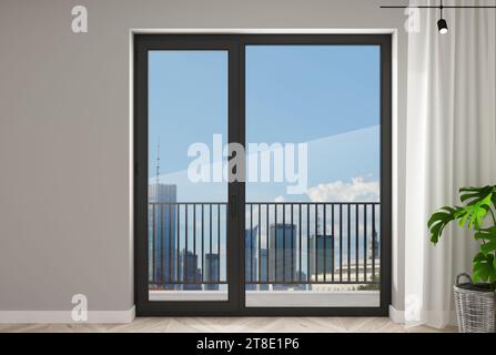 3D Abbildung. Die offene schwarze, moderne Plastiktür mit Fenster im Zimmer. Stockfoto